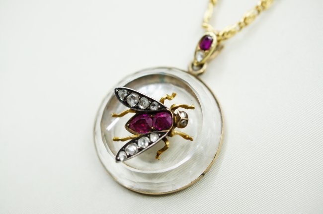 Victorian Ruby and Diamond Rock Crystal Bee Pendent 18K
