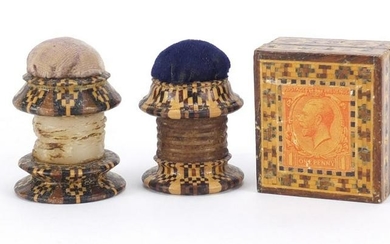Victorian Tunbridge Ware stamp box and two thread waxer