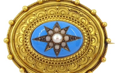 Victorian gold and silver turquoise enamel seed pearl brooch