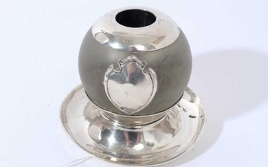Victorian silver mounted globular match holder / Vesta globe on circular silver base, (London 1896), maker Andrew Barrett & Sons, approximately 10.5cm in height