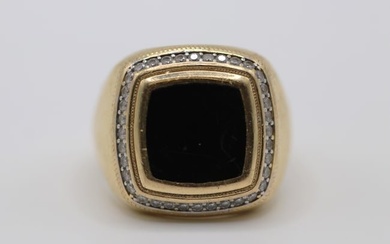 Vintage 10K Yellow Gold Black Onyx Men's Ring with 36 round diamonds. Size 10.5. Engraving: 10K