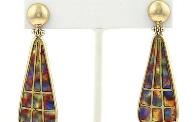 Vintage 18k Yellow Gold Multicolor Enamel Long Pear Shape Dangle Earrings