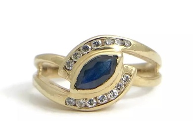 Vintage Marquise Dark Blue Sapphire Diamond Ring 14K Yellow Gold, 2.8 Grams