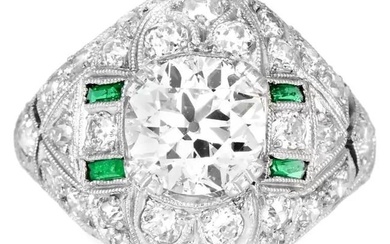 Vintage Old European Diamond 2.66 Carat Emerald Platinum Filigree Ring