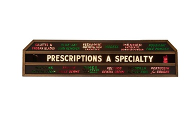Vintage back lit Drug Store Advertising Sign, circa 1920s, "Prescriptions A Specialty", measures 48"
