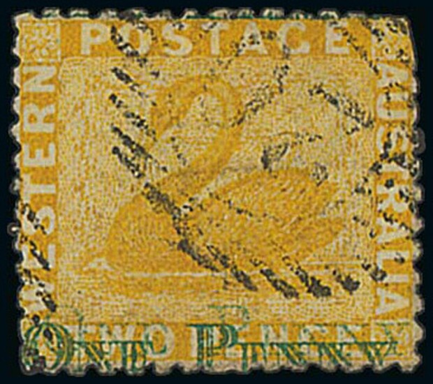 Western Australia 1874 (Dec.) "one penny" on 2d. yellow, error surcharge triple, some clipped...