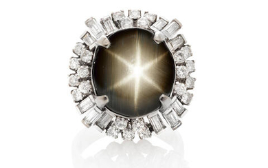White Gold, Black Star Sapphire and Diamond Ring