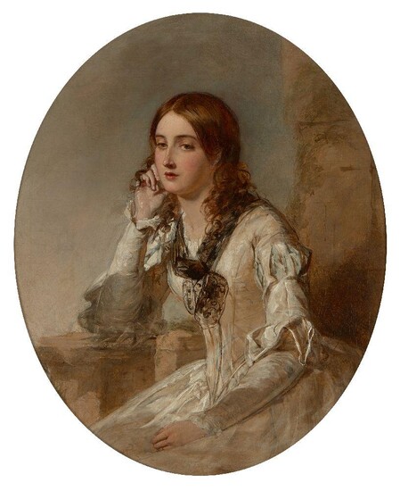 William Powell Frith RA, British 1819-1909- Olivia, c.1848; pencil and oil on canvas, oval, 35.7 x 29 cm. Provenance: Commissioned by Charles Heath for his Shakespeare’s heroines series; With Thomas Agnew & Sons, London (Sold as 'Contemplation'...