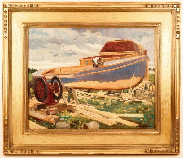 William Starkweather Oil on Board "Boat Builder"