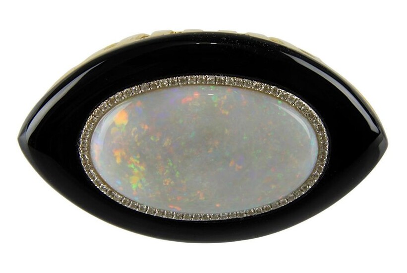 Yellow gold opal ring with onyx and diamonds, Germany circa 1990, central large white opal cabochon with strong play of colours, with approx. 15,0 ct., set in entourage and surrounded by approx. 88 brilliant-cut diamonds, total approx. 1,0 ct, colour...