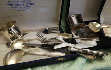 napkin rings, cutlery (14) - .800 silver, .925 silver - Italy - mid 20th century