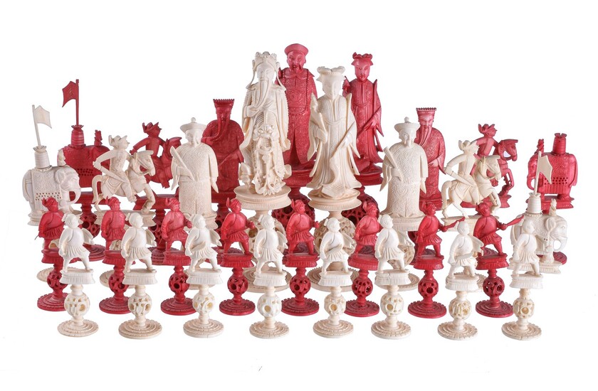? A Chinese Canton export ivory figural puzzle ball chess set