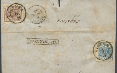 06.08.1855, Lettera raccomandata da Vicenza per Rimini affrancata per 75c....