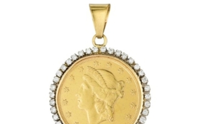 A Lady Liberty Twenty Dollar Gold Coin Diamond Pendant