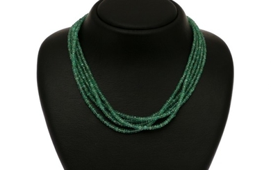 A five string emerald necklace set with numerous roundel-cut emeralds and magnet clasp of sterling silver. L. 47 cm.