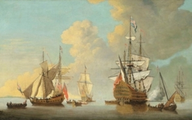 Attributed to Cornelis van de Velde (England c.1672-c.1729), The flagship Royal Sovereign firing a salute at the Nore with other warships and Admiralty yachts in attendance