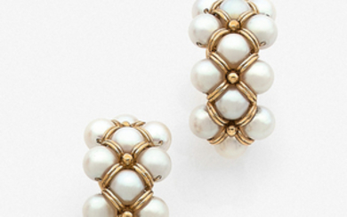 CIRCA 1960 CULTURED PEARL EAR CLIPS A cultured pearl and...