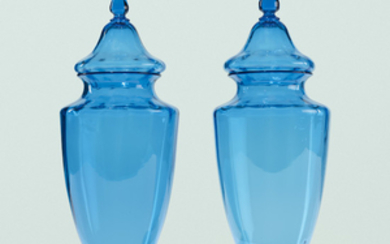 Steuben, Celeste Blue lidded vases, pair