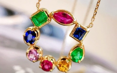 14K GOLD 1.63 CT NATURAL SAPPHIRE & EMERALD & RUBY NECKLACE