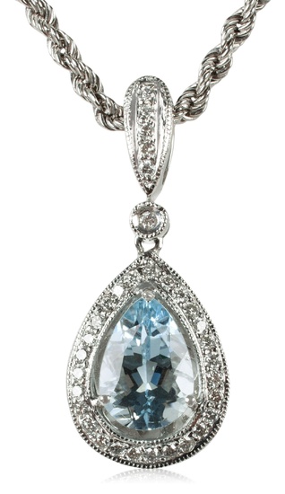 14K WHITE GOLD AQUAMARINE AND DIAMOND PENDANT WITH 14K GOLD CHAIN NECKLACE
