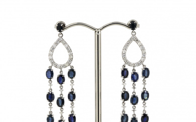 14K White Gold, Blue Sapphire and Diamond, Chandelier Style Earrings....