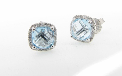 14K White Gold Blue Topaz, Diamond Stud Earrings