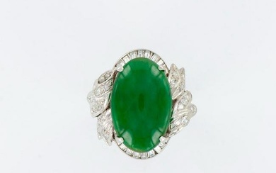 14K White Gold Statement Ring, Jade with Diamond Accents