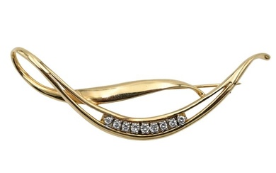 14K Yellow Gold Brooch Free Form with Nine Diamonds