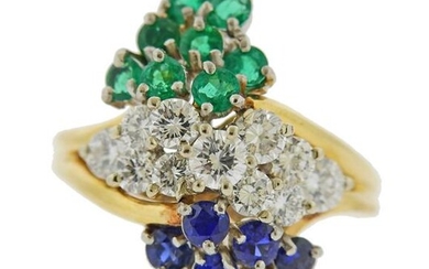 14k Gold Diamond Sapphire Emerald Cluster Ring