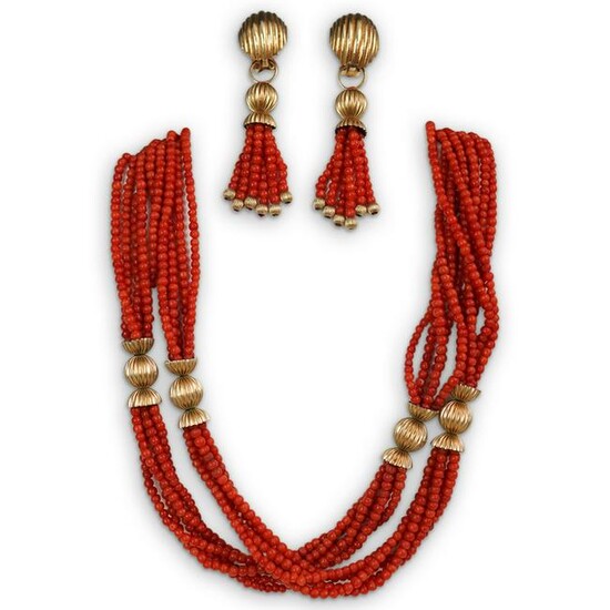 14k Gold and Beaded Coral Jewelry Set