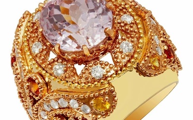 14k Yellow Gold 15.08ct Kunzite 1.20ct Sapphire 1.58ct Diamond Ring