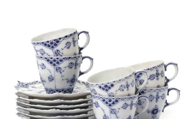 Six “Blue Fluted Full Lace” mocha cups and six saucers painted in underglaze blue. 1038. Royal Copenhagen. (12)