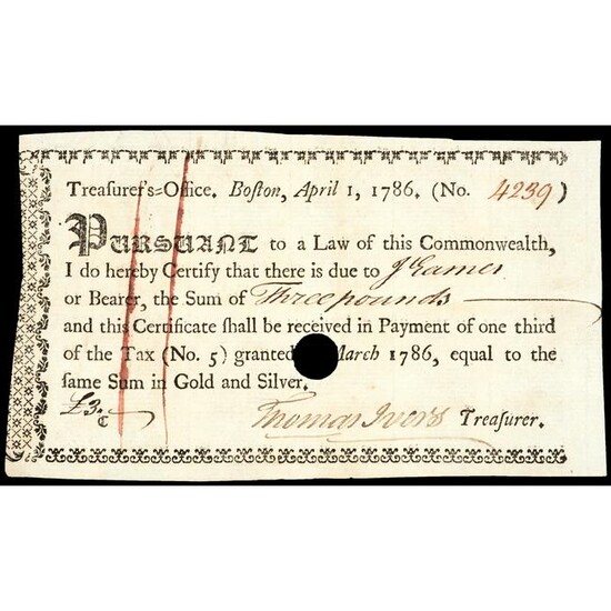 1786 Massachusetts Treasurery Tax Certificate R-3
