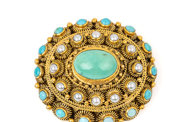18 kt gold turquoise-pearl-brooch , YG 750/000 tested, filigree work,...