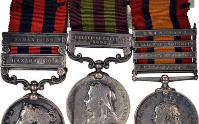 1854 India General Service medal with two clasps: HAZARA 1891 and SAMANA 1891. Silver, 36 mm. MY-117 (clasps xvii and xviii), BBM-70. Sw...