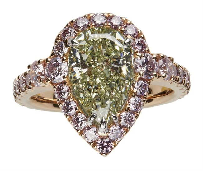 18CT PINK GOLD, FANCY YELLOW-GREEN DIAMOND AND PINK DIAMOND RING Accompanied by a GIA report numbered 2146024245, dated 20 March 201...