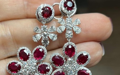 18K White Gold IGI Certified Ruby & Diamond Chandelier Earrings