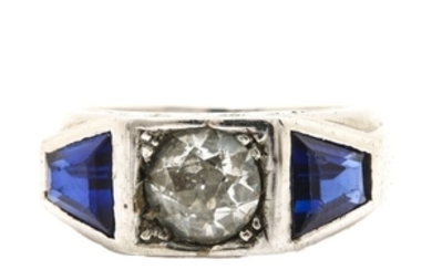 Art Deco 18K White Gold Diamond Sapphire Ring