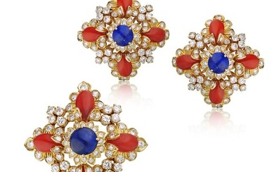 1970's 18K Yellow Gold Lapis Coral & Diamond Brooch And Earrings Jewelry Set