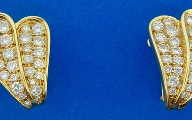 1970s French 18k Yellow Gold Diamond Leaf Earrings