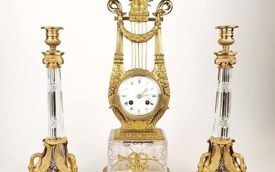 19th C. Empire Gilt Bronze & Crystal Clockset