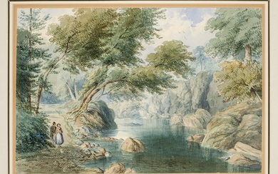 19th C. English School. Landscape with figures