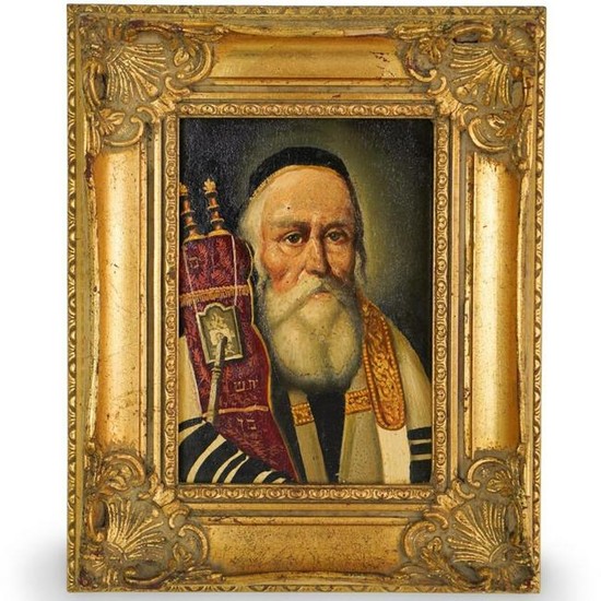 19th C. Oil on Board Painting of Rabbi