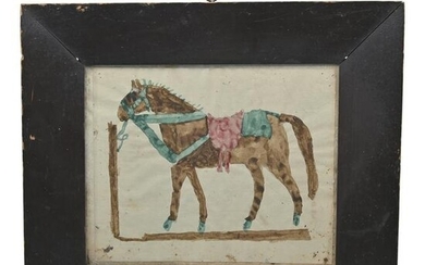 19th Century American Folk Art Drawing with Ink, Horse.