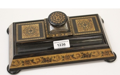19th Century Tunbridge ware inkstand with inkwell and pen, 2...