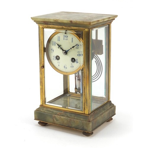 19th century French onyx and brass four glass mantle clock s...