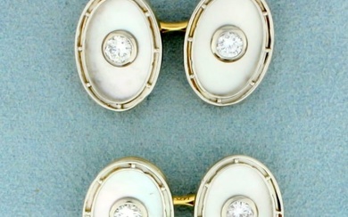 1ct TW Diamond and Mother of Pearl French Cufflinks in 14K Yellow and White Gold