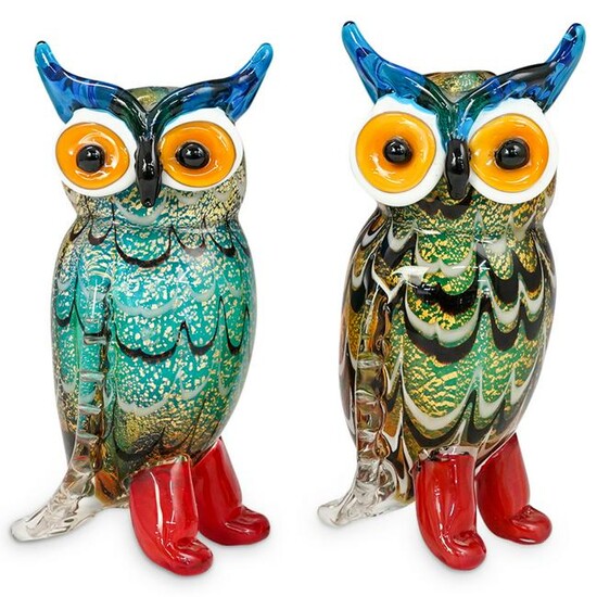 (2 Pc) Murano Art Glass Owl Figurines