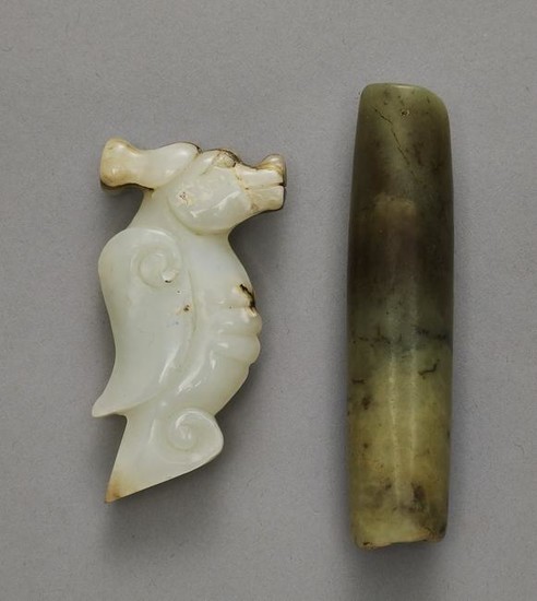 (2) Pcs. Chinese carved jade dragon and cylinder bead
