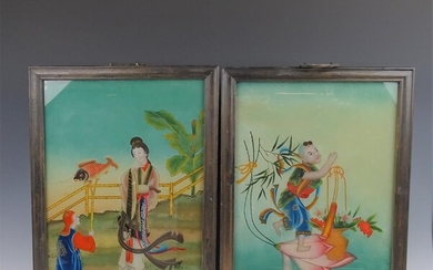(-), 2 diverse Chinese achterglasschilderingen met afbeelding van...